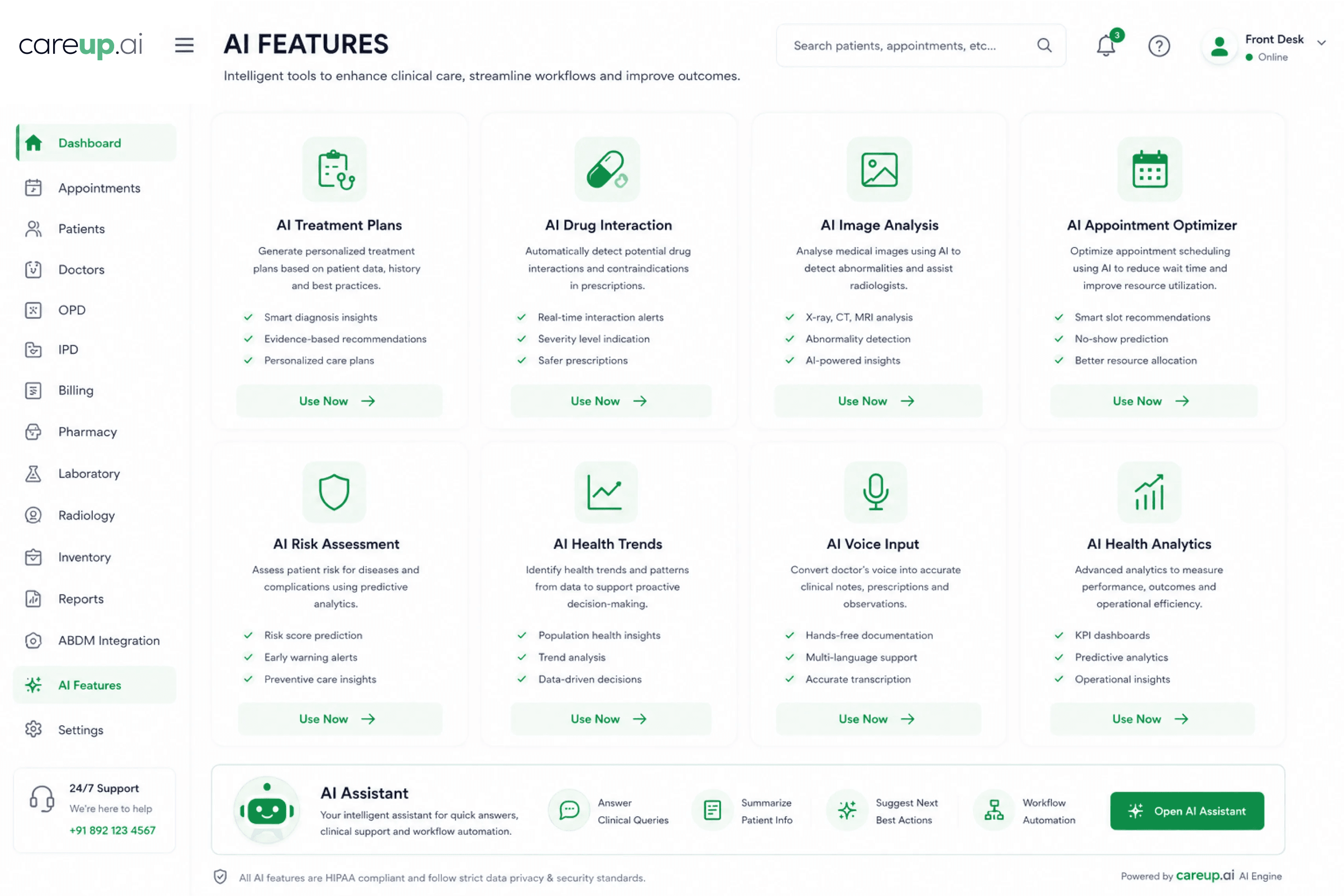 careup.ai AI Features — Treatment Plans, Drug Interaction, Image Analysis, Appointment Optimizer, Risk Assessment, Health Trends, Voice Input, Health Analytics, AI Assistant